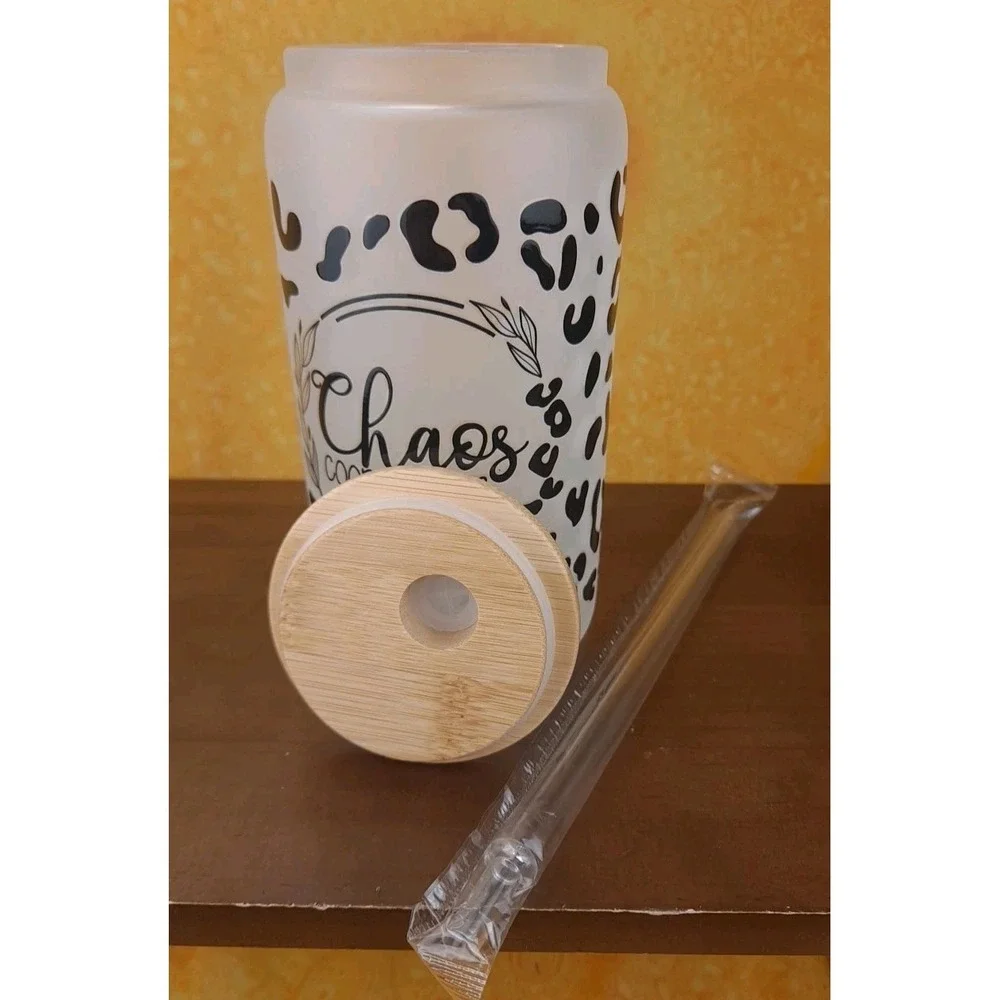 Chaos Coordinator Cheetah 12oz Frosted Glass Tumbler‎ With Straw Wood Top